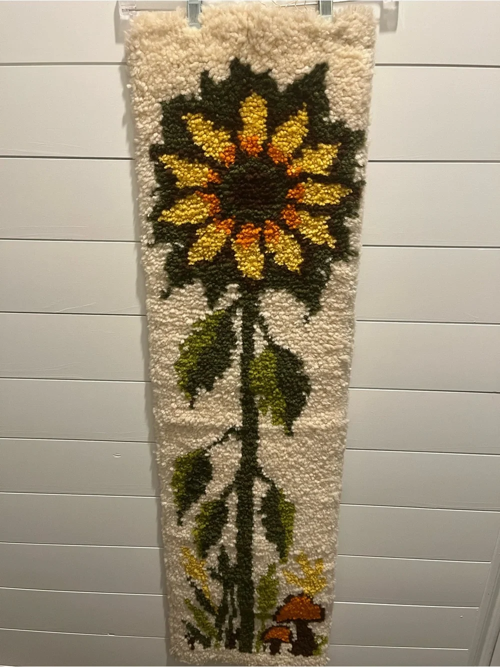 Vintage 70s Latch Hook Sunflower Mushroom Wall Hanging Banner Rug Retro MCM